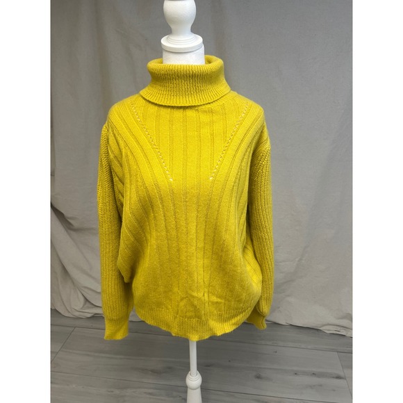 Sweaters - Retro‎ Mustard Yellow Turtleneck Sweater Sz L Chunky Knit Pointelle Boho